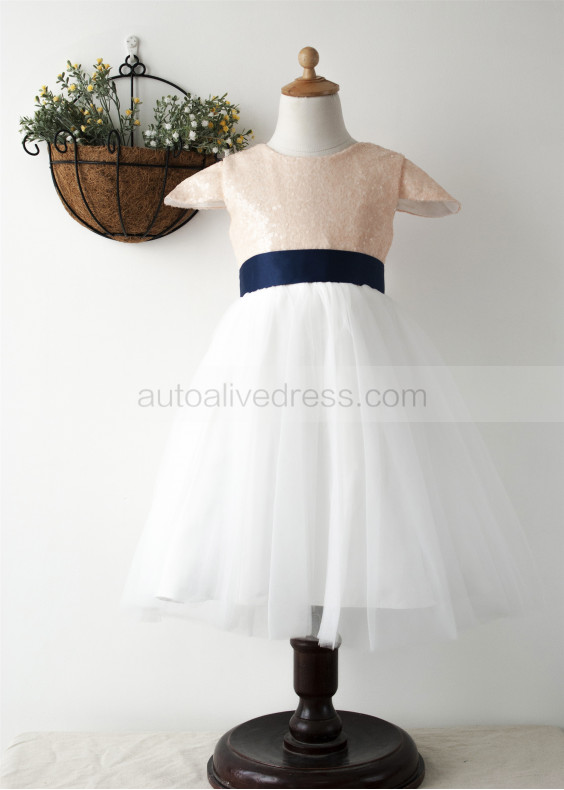 Blush Pink Sequin Ivory Tulle Knee Length Flower Girl Dress 
